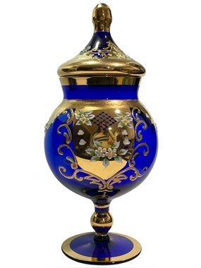 Antique 1920s Bohemian Cobalt Blue Gilt Floral Glass Lidded Pedestal Candy Dish